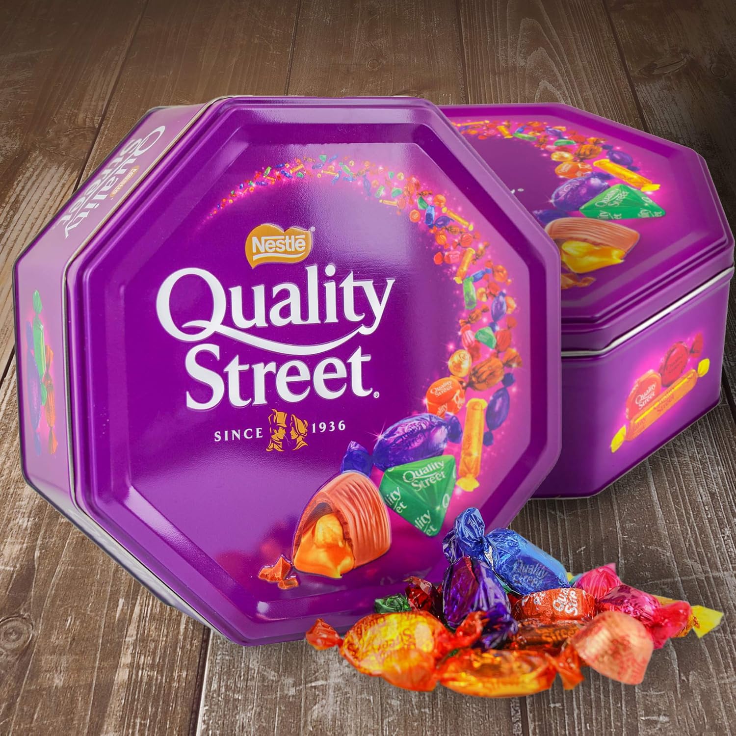 Quality Street Nestle, extra-large metal cans of various flavors of chocolate and toffee (2 boxes)